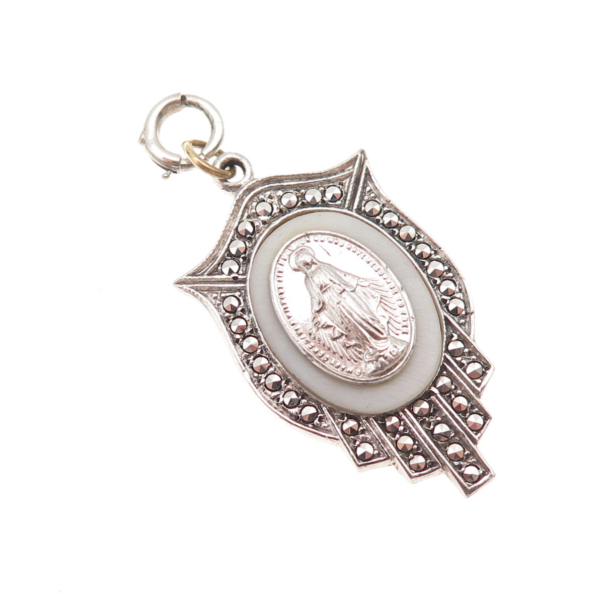 925 Sterling Antique Art Deco Real MOP & Marcasite St. Mary Spring Ring Pendant