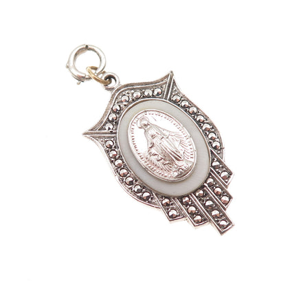 925 Sterling Antique Art Deco Real MOP & Marcasite St. Mary Spring Ring Pendant