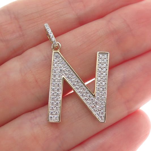 925 Sterling Silver Gold Plated C Z Letter N Initial Sparkle Pendant