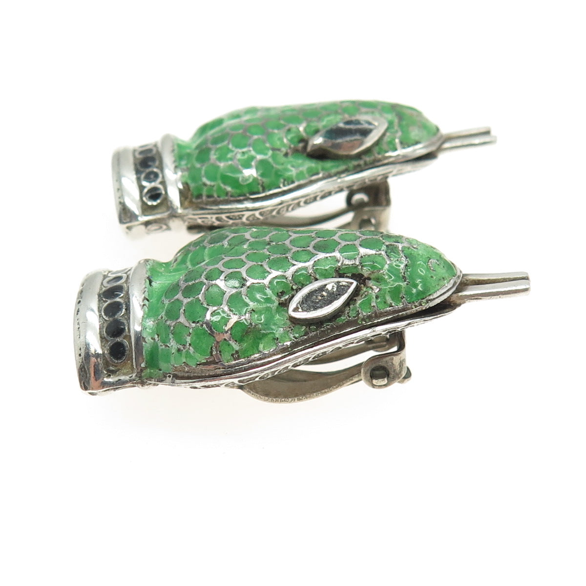 JAIME QUIROZ ALBA 925 Sterling Silver Vintage Mexico Enamel Snake Earrings