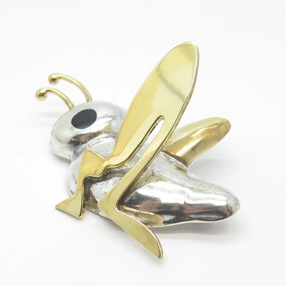 925 Sterling Silver 2-Tone Vintage Taxco Black Onyx Gem Grasshopper Pin Brooch