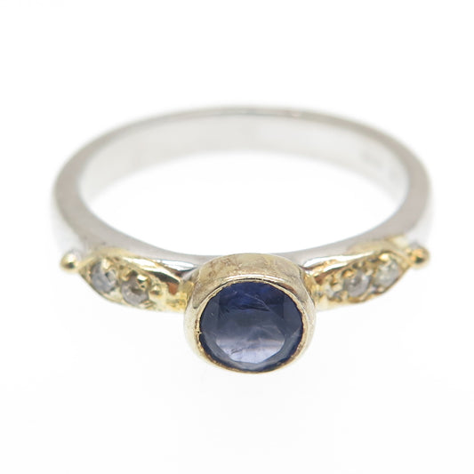 925 Sterling Silver 2-Tone Real Round-Cut Diamond & Iolite Ring Size 8