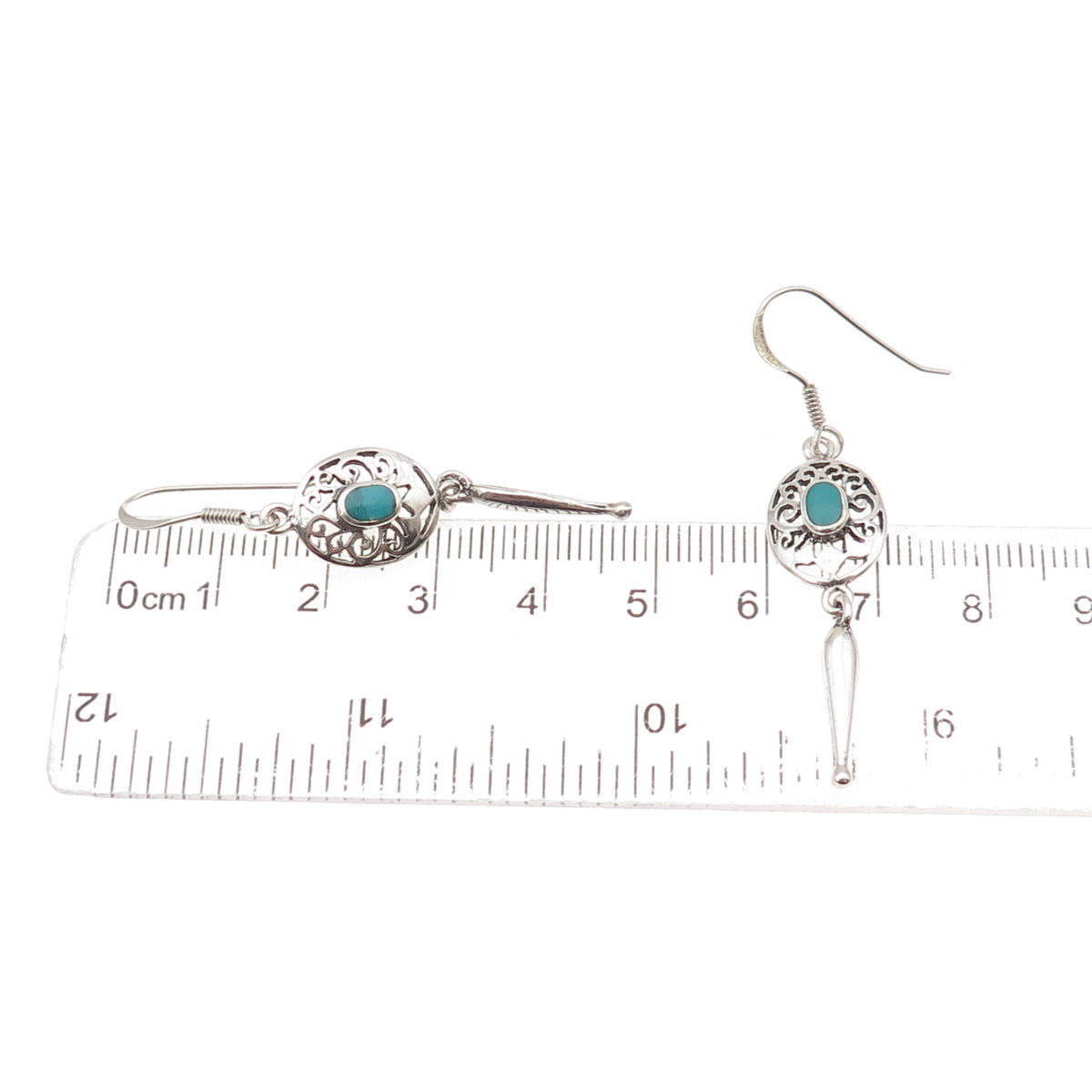 925 Sterling Silver Vintage Real Turquoise Floral Oxidized Dangle Earrings