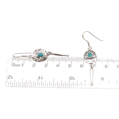925 Sterling Silver Vintage Real Turquoise Floral Oxidized Dangle Earrings