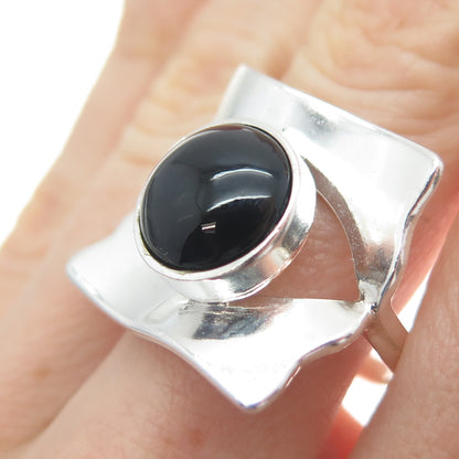 950 Silver Vintage Real Black Onyx Gemstone Modernist Ring Size 6.75