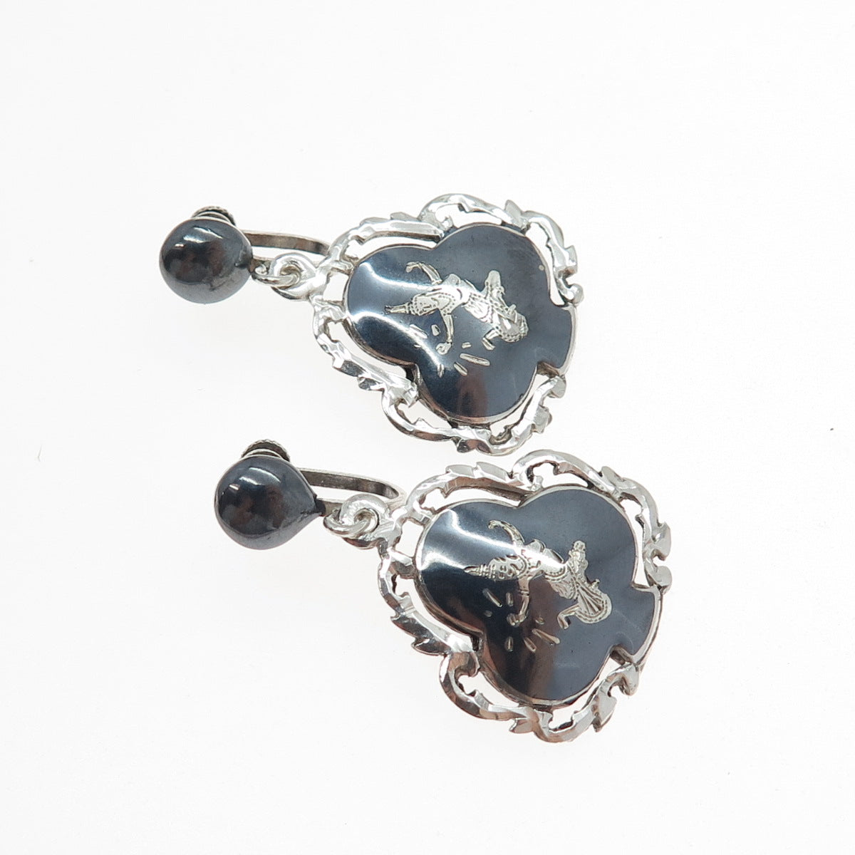 925 Sterling Silver Antique Siam Niello Hindu Goddess Screw Back Dangle Earrings
