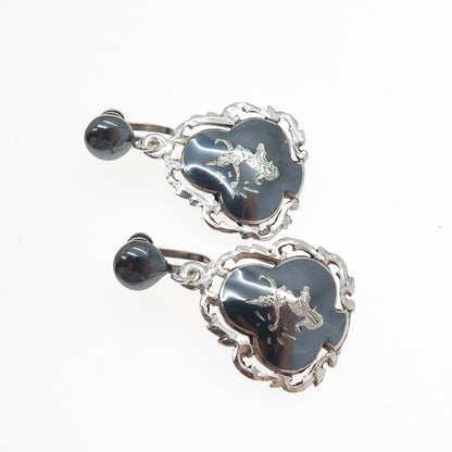 925 Sterling Silver Antique Siam Niello Hindu Goddess Screw Back Dangle Earrings