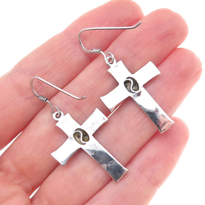 925 Sterling Silver Vintage Real Black & White Diamond Yin Yang Cross Earrings