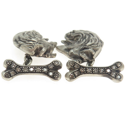 925 Sterling Silver Vintage Real Round-Cut White Diamond Collie Dog Cufflinks