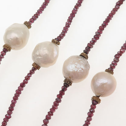 925 Sterling Gold Plated Vintage Real Baroque Pearl & Crystal Belly Necklace 72"