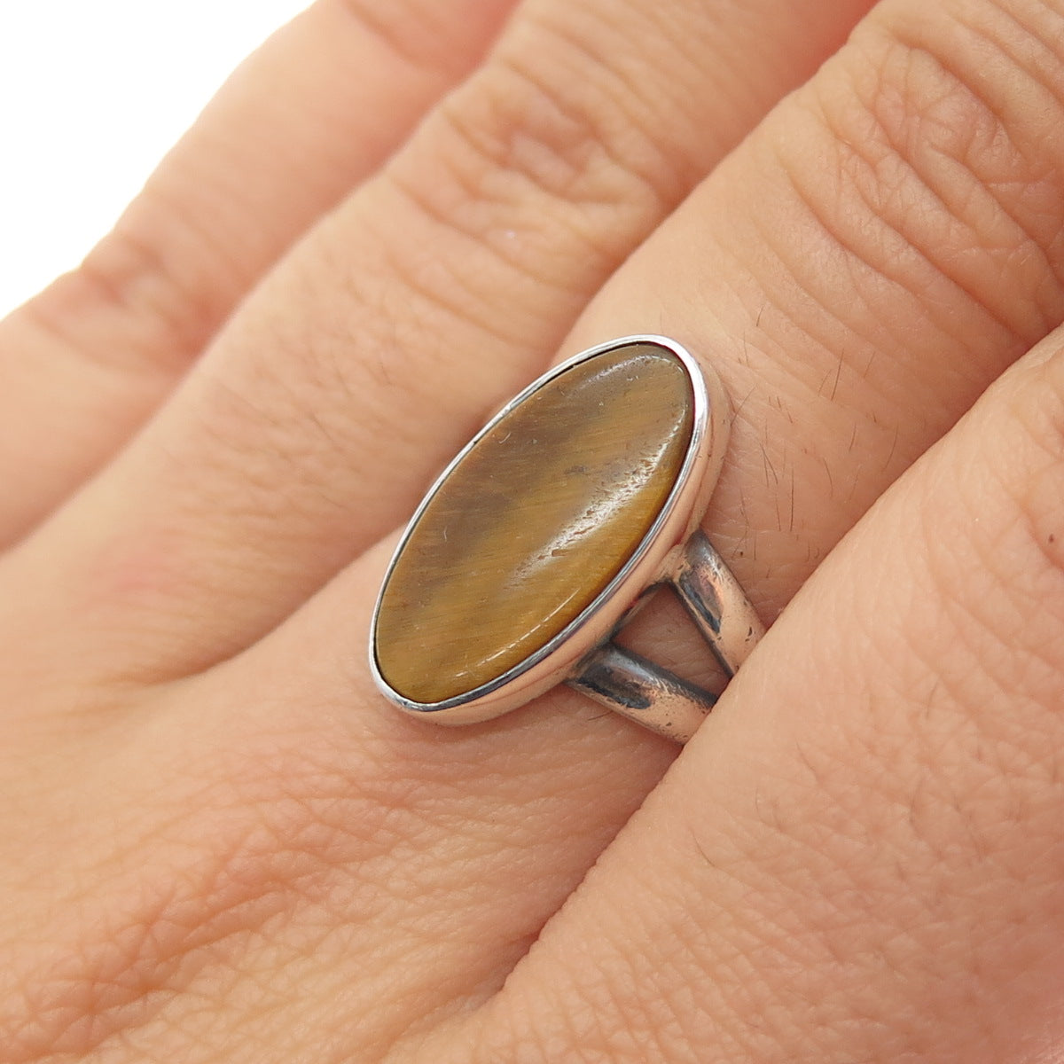 Giles Tasco Sterling Silver Vintage Mexico Real Tiger Eye Modernist Ring Size 7