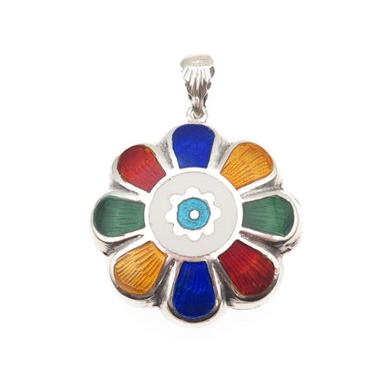 925 Sterling Silver Vintage Enamel Modernist Floral Locket Pendant