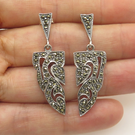 925 Sterling Silver Vintage Real Marcasite Claw Drop Oxidized Earrings