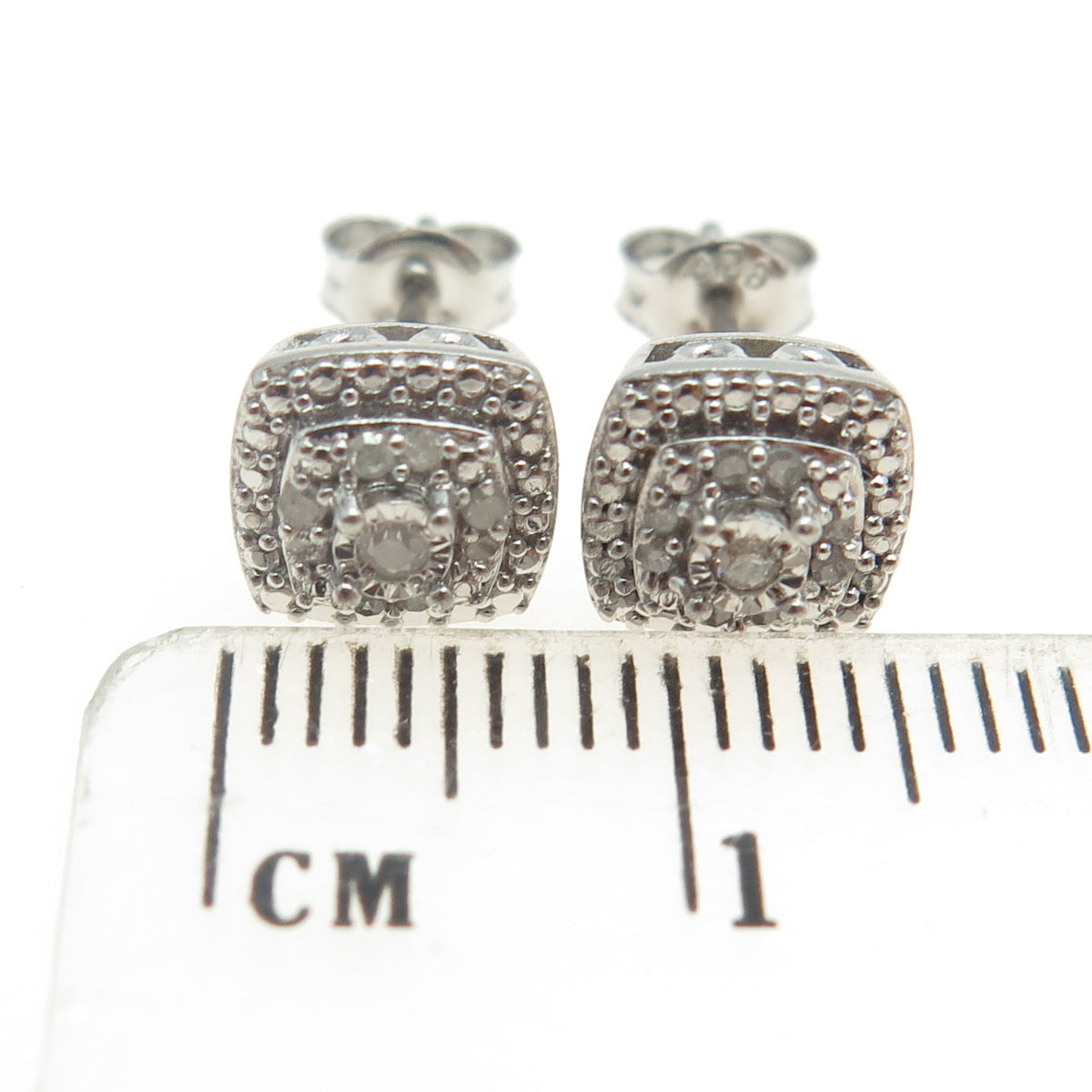 925 Sterling Silver Real Round-Cut Diamond Cushion Stud Earrings