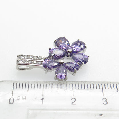 925 Sterling Silver Purple & White C Z Floral Pendant