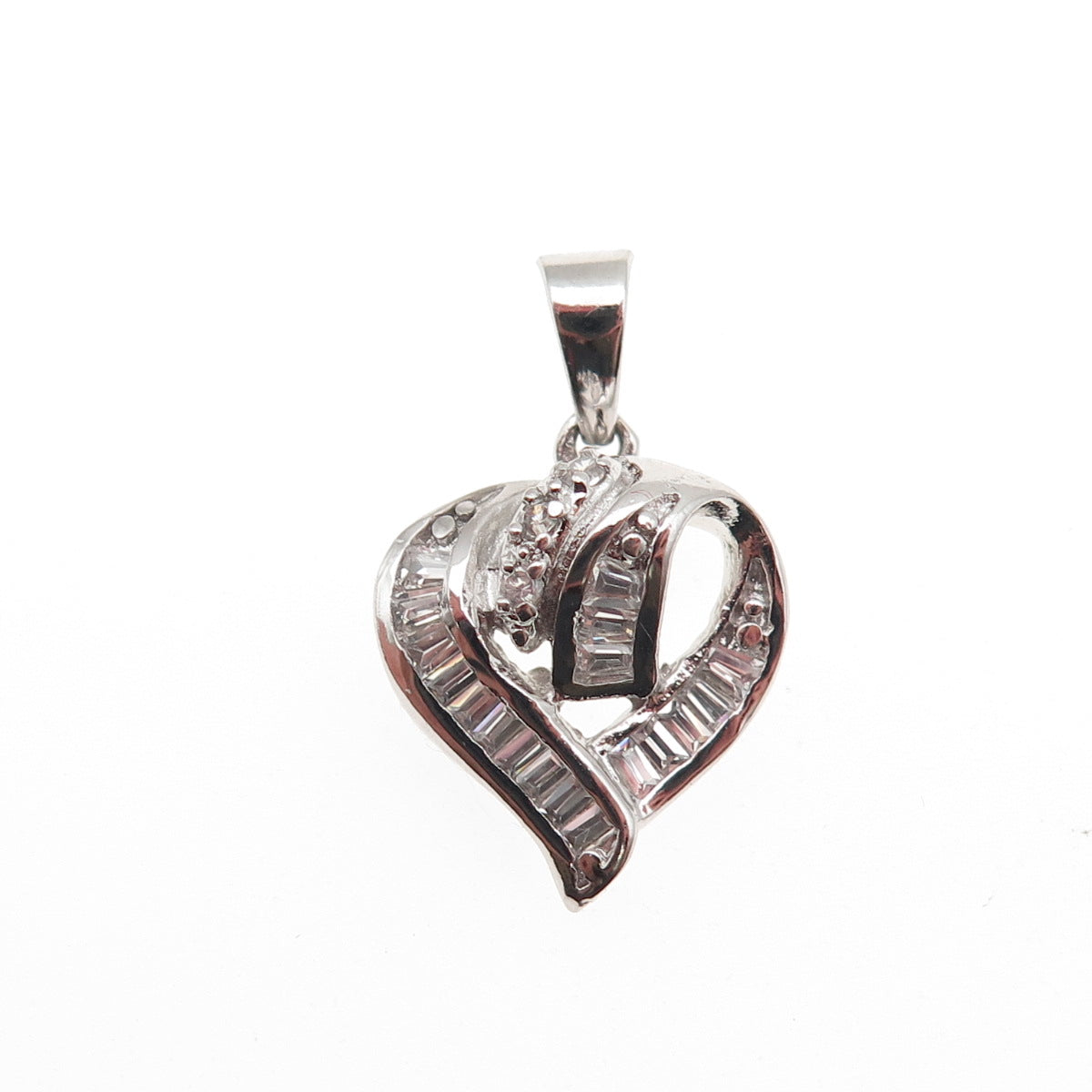 925 Sterling Silver Round & Tapered Baguette-Cut C Z Heart Mini Charm Pendant