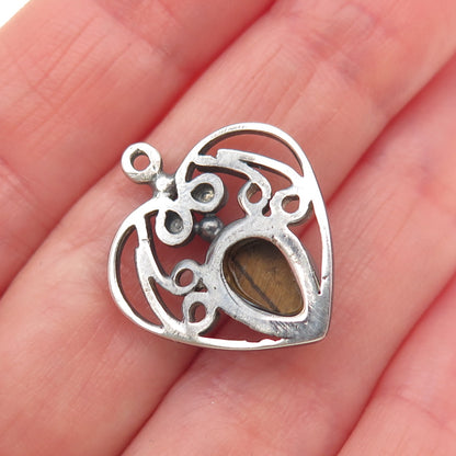 925 Sterling Silver Vintage Real Tiger Eye Heart Oxidized Charm Pendant