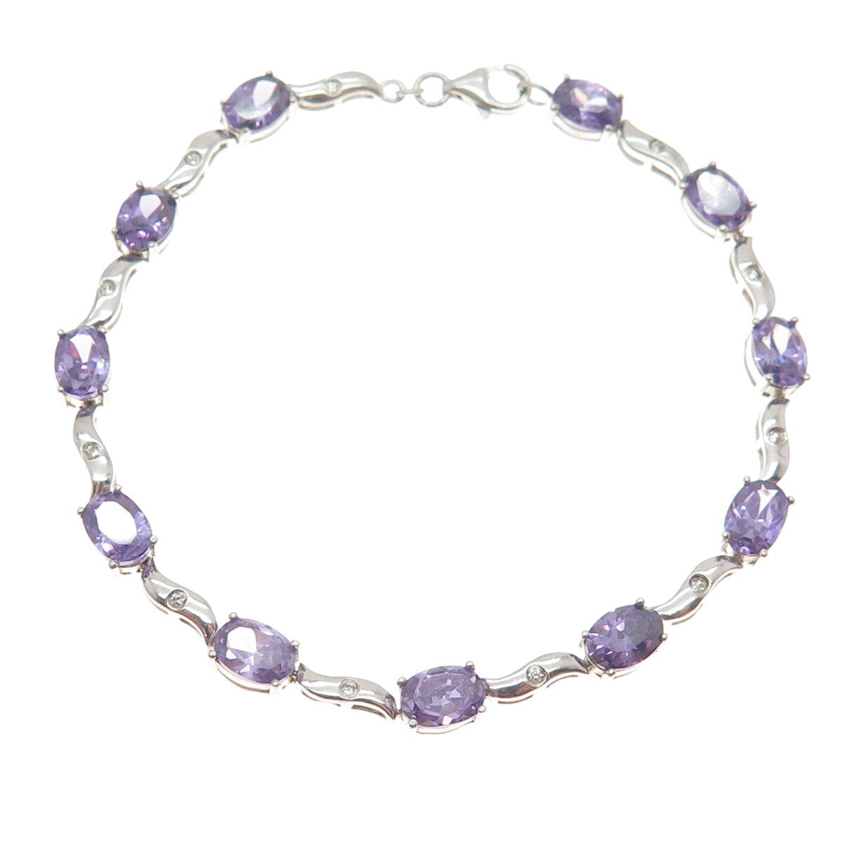 925 Sterling Silver Vintage Real Oval-Cut Amethyst & C Z Wavy Link Bracelet 7"