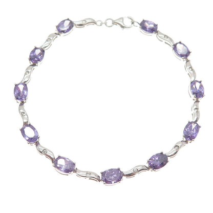 925 Sterling Silver Vintage Real Oval-Cut Amethyst & C Z Wavy Link Bracelet 7"