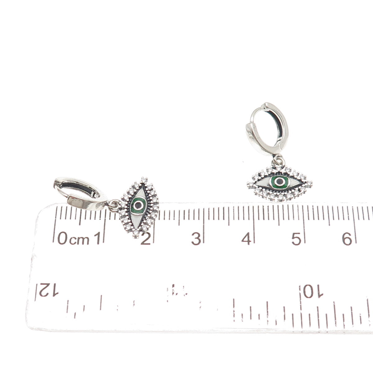 925 Sterling Silver Enamel & C Z Evil's Eye Dangle Charm Hoop Earrings