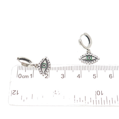 925 Sterling Silver Enamel & C Z Evil's Eye Dangle Charm Hoop Earrings