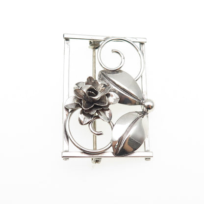 925 Sterling Silver Antique Art Deco Flower Oxidized Pin Brooch