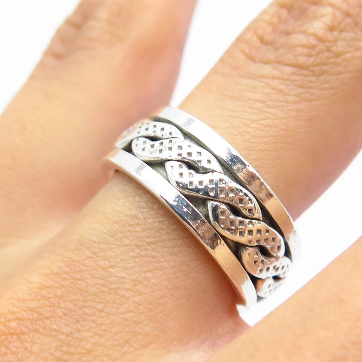 925 Sterling Silver Vintage Braided Rotating Band Ring Size 6.75