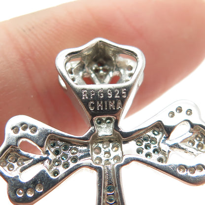 925 Sterling Silver Real Blue & White Diamond Fleur de Lis Cross Slide Pendant