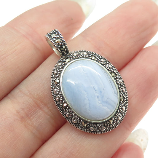 925 Sterling Silver Vintage Real Blue Lace Agate & Marcasite Oval Pendant