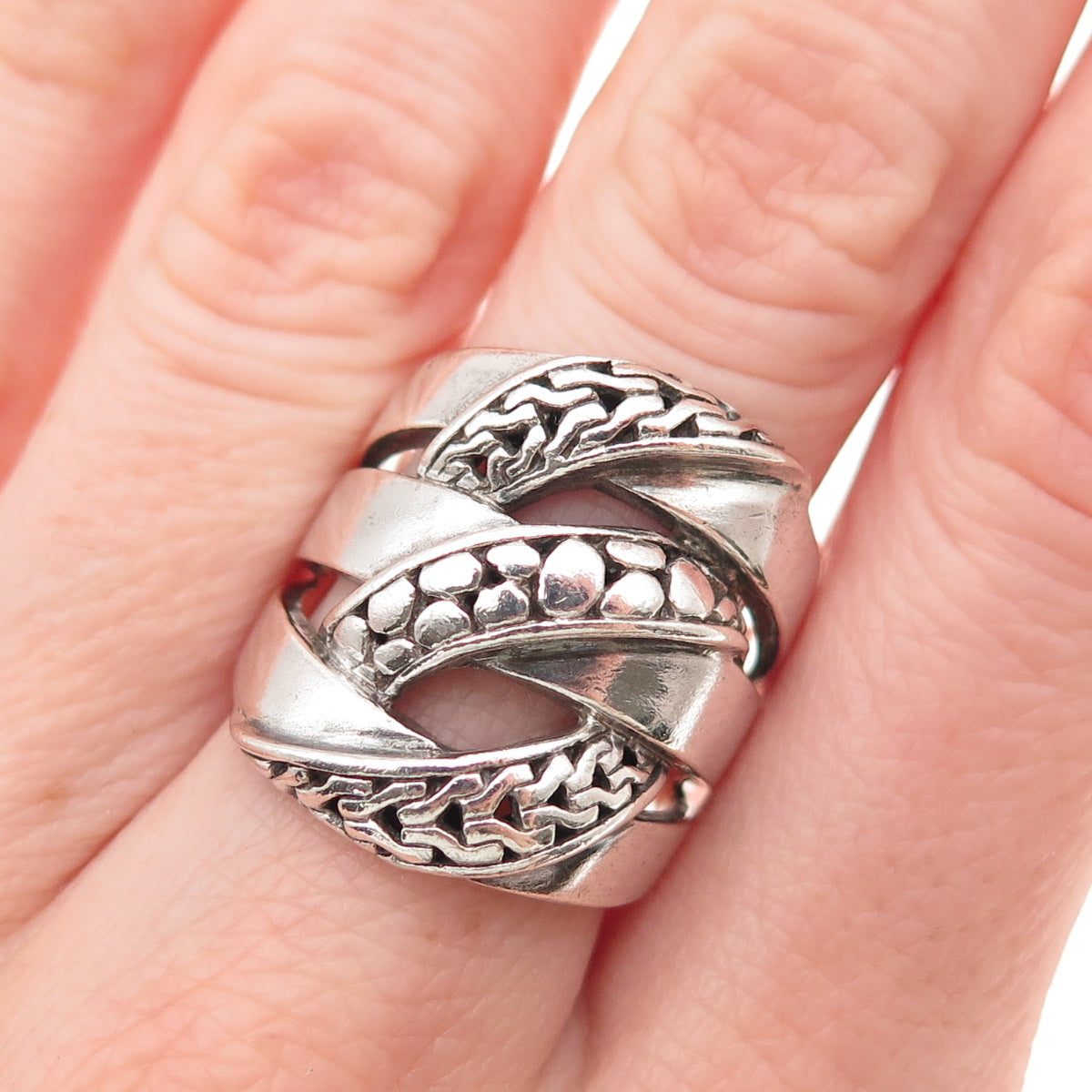 Sarda 925 Sterling Silver Vintage Interlocked Link Oxidized Ring Size 8