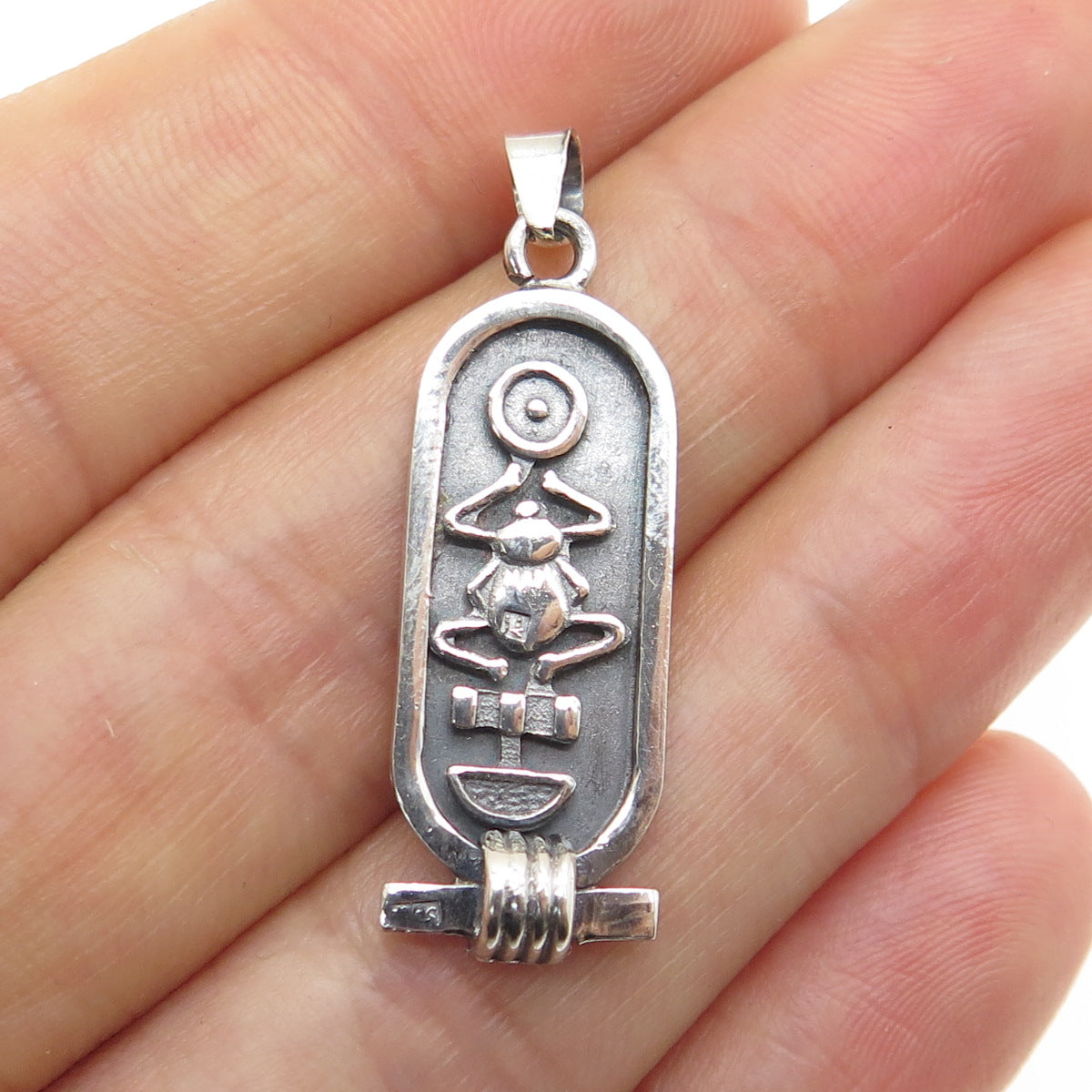 800 Silver Vintage Egypt Scarab Cartouche Oxidized Pendant