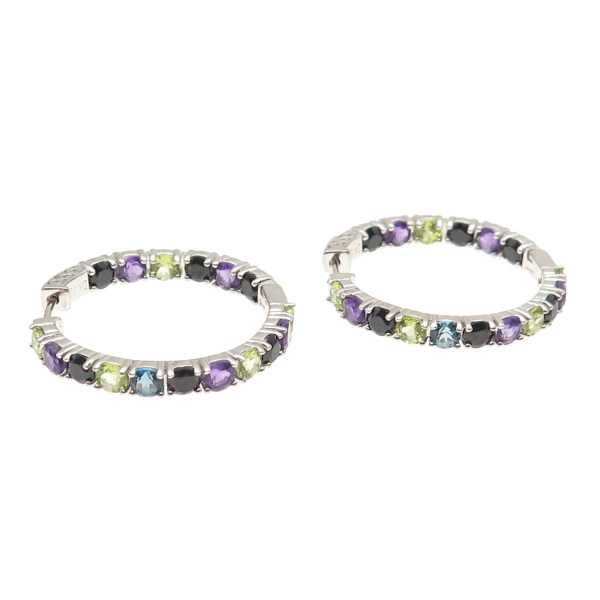 925 Sterling Silver Real Topaz Amethyst Peridot Spinel In & Out Hoop Earrings