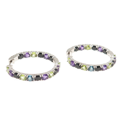 925 Sterling Silver Real Topaz Amethyst Peridot Spinel In & Out Hoop Earrings