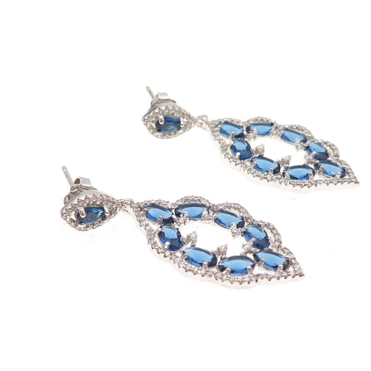 925 Sterling Silver Blue & White C Z Bohemian Dangle Earrings