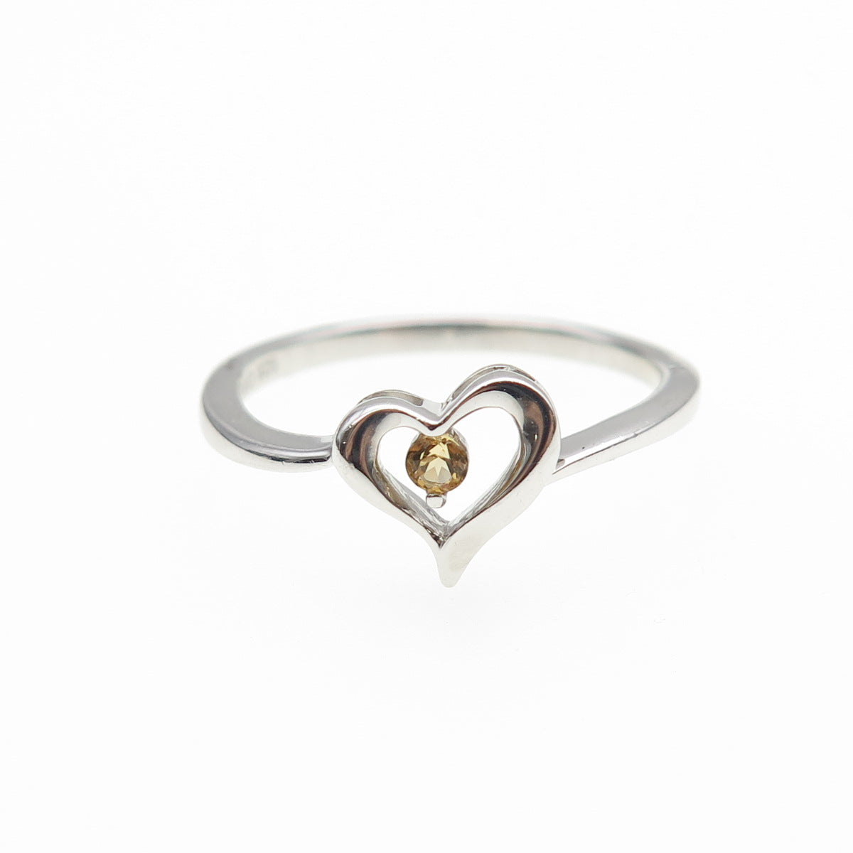 925 Sterling Silver Real Round-Cut Citrine Heart Ring Size 6.75