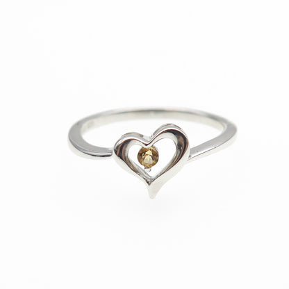 925 Sterling Silver Real Round-Cut Citrine Heart Ring Size 6.75