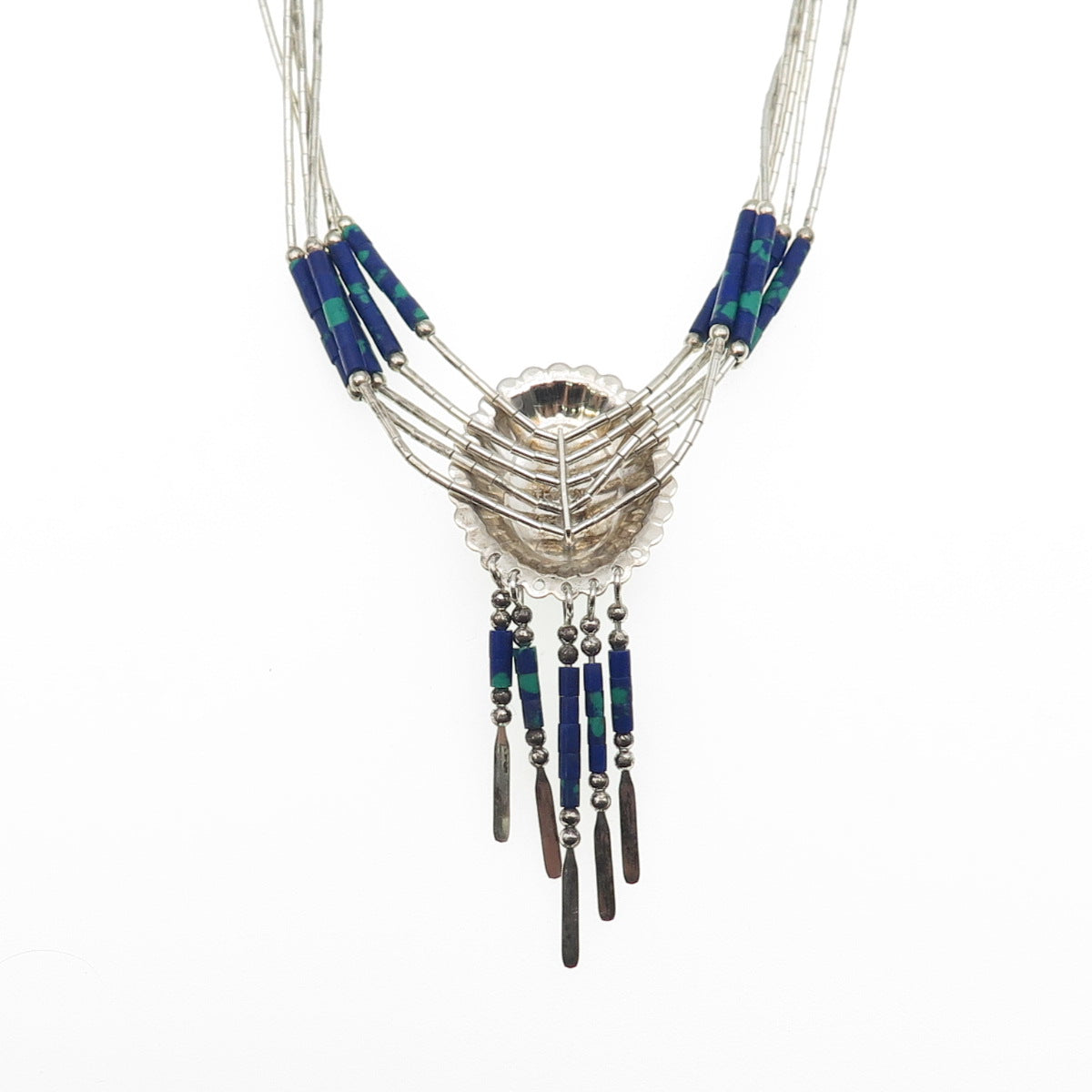 Old Pawn 925 Sterling Silver Vintage Azurite Concho Liquid Chain Necklace 20"