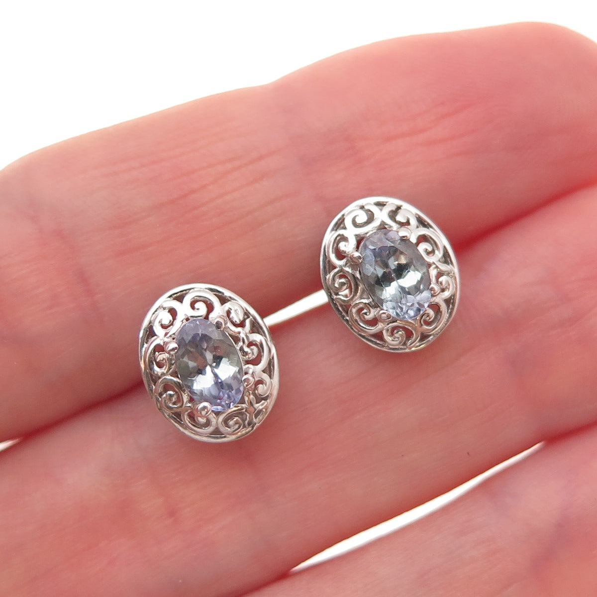 Chuck Clemency 925 Sterling Silver Real Tanzanite Scroll Stud Earrings