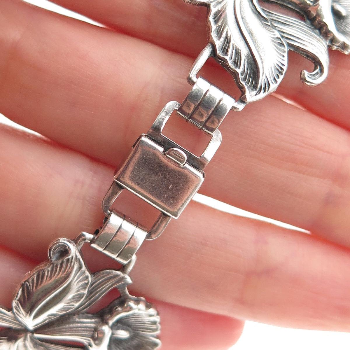 925 Sterling Silver Antique Art Deco Trumpet Flower Bracelet 7.5" Pat. 236854