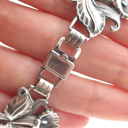 925 Sterling Silver Antique Art Deco Trumpet Flower Bracelet 7.5" Pat. 236854