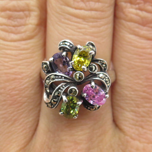 LUCAS LAMETH LUC Sterling Silver Vintage Real Multi-Gem Marcasite Ring Size 6.75