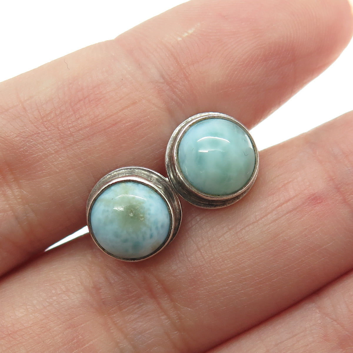 925 Sterling Silver Vintage Real Round-Cut Larimar Stud Earrings