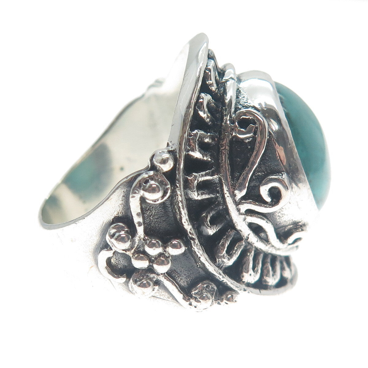 925 Sterling Silver Vintage Real Mountain Turquoise Sun Oxidized Ring Size 10.25