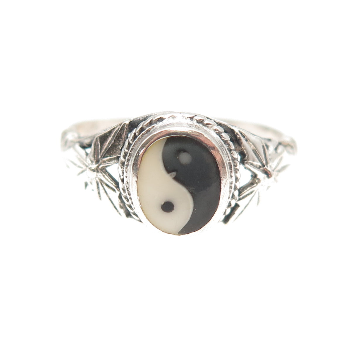 925 Sterling Silver Vintage Real Black & White Onyx Yin Yang Ring Size 9.25