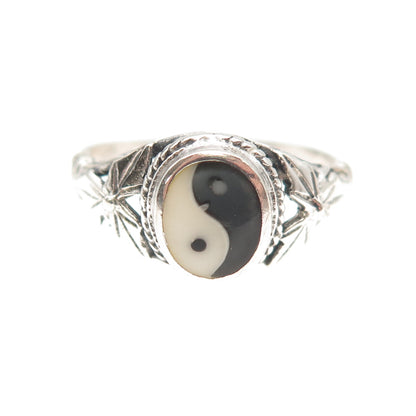 925 Sterling Silver Vintage Real Black & White Onyx Yin Yang Ring Size 9.25