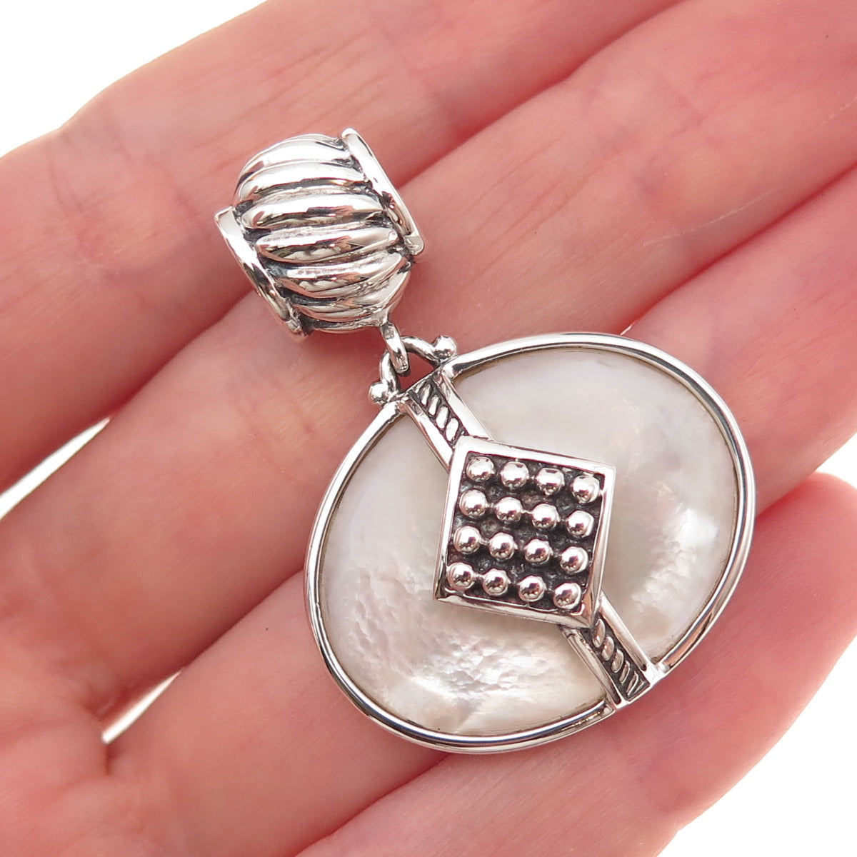 925 Sterling Silver Vintage Real MOP Modernist Oxidized Slide Pendant