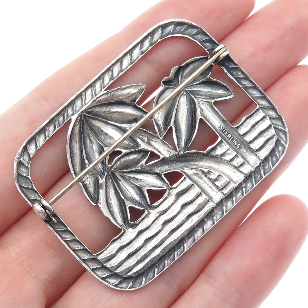 925 Sterling Silver Vintage Paradise Beach Palm Tree Oxidized Pin Brooch