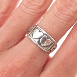 Beau 925 Sterling Antique Art Deco Couple Heart Floral Adjustable Ring Size 6.5