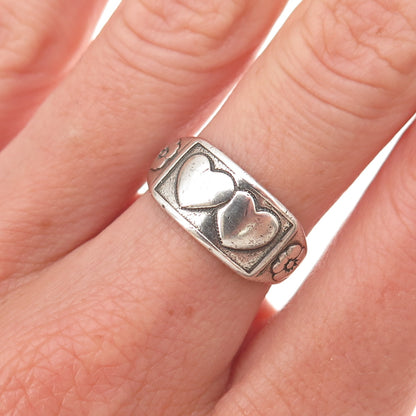 Beau 925 Sterling Antique Art Deco Couple Heart Floral Adjustable Ring Size 6.5