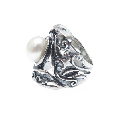 DIDAE Sterling Silver Vintage Israel Real Pearl Modernist Oxidized Ring Size 7